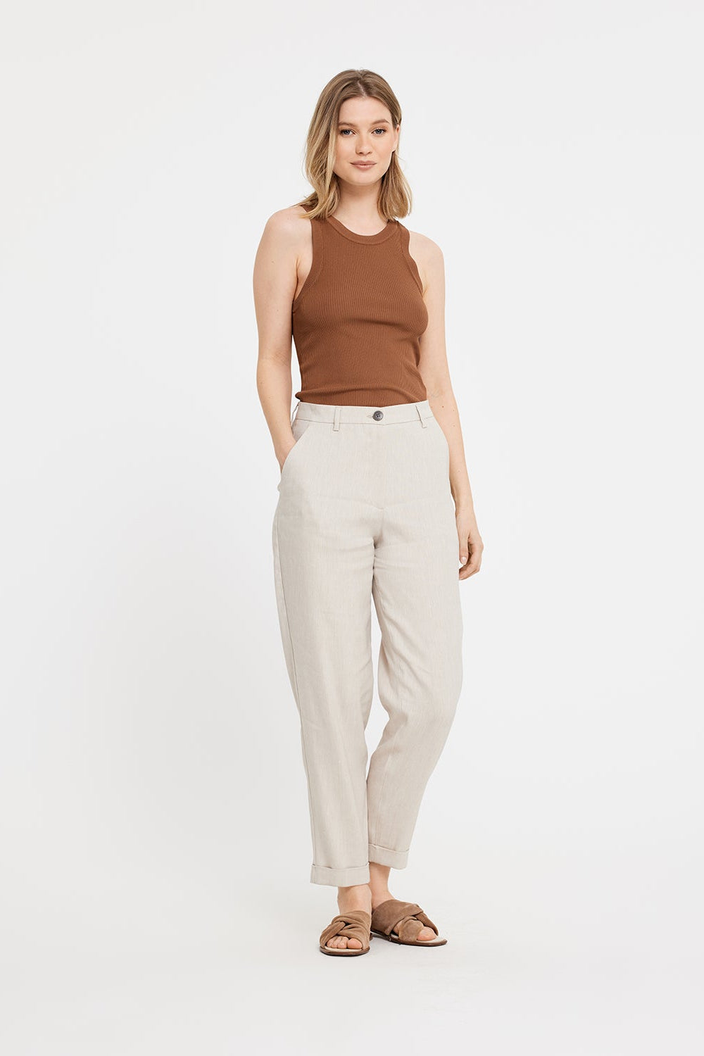 Emma Ankle hørbukser - Sand Linen